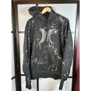 Y2K Hurley Hoodie Mens Large Black Paint Splatter Graphic Grunge Retro Vintage